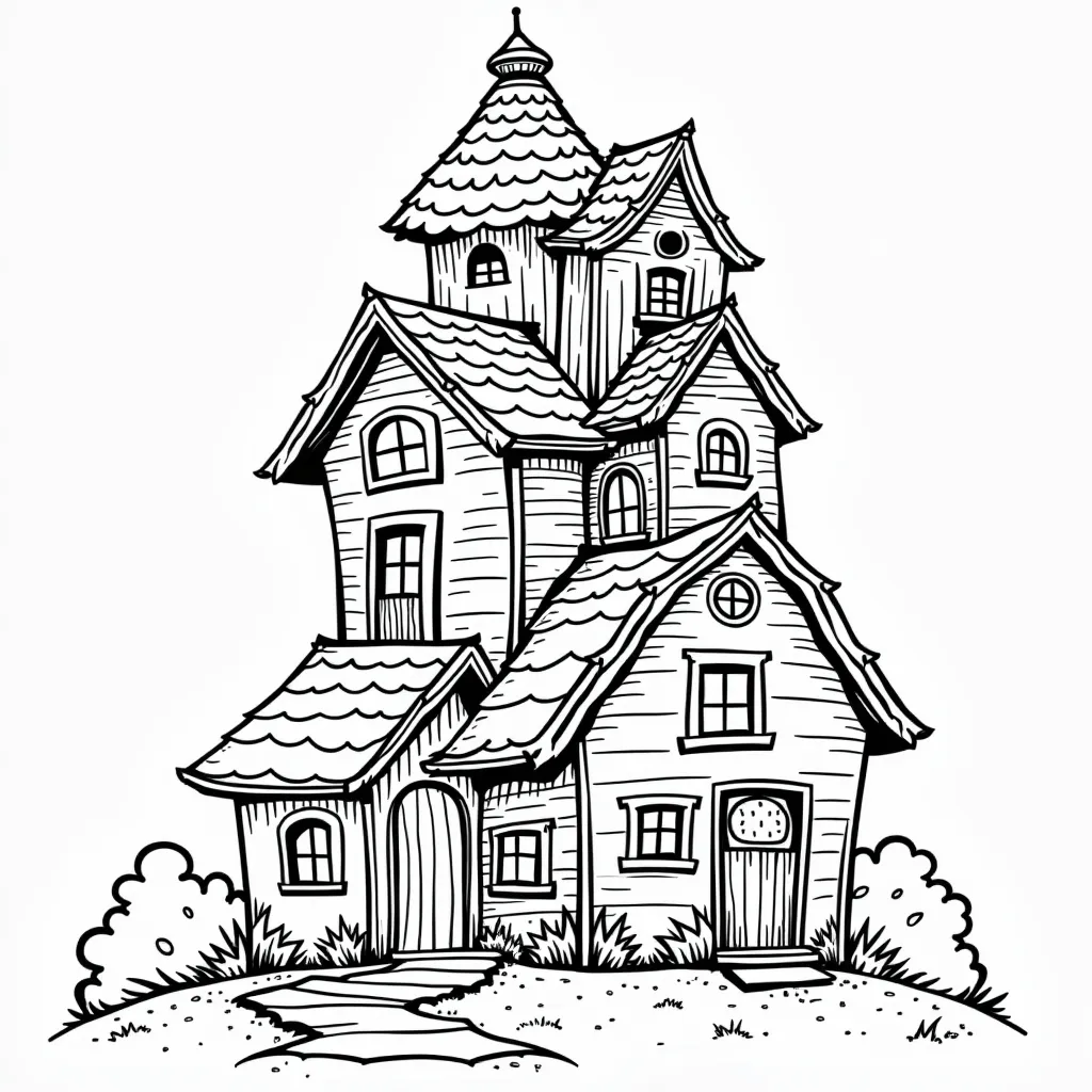 Whimsical stacked houses built like a teetering tower صفحات التلوين