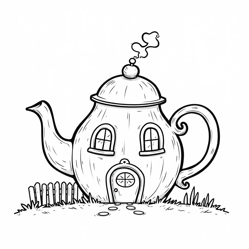 Whimsical house shaped like a giant teapot with steam coming out صفحات التلوين