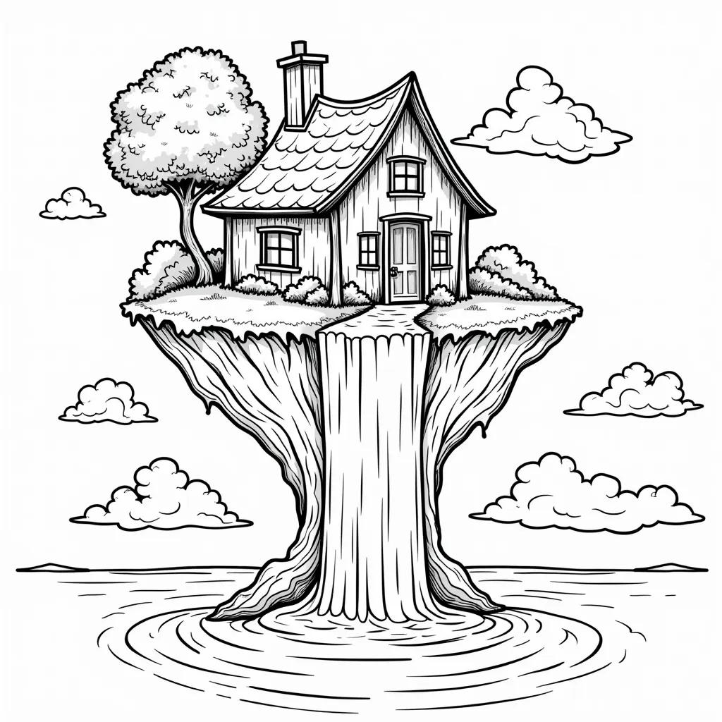 Whimsical floating island house with a waterfall pouring into the sky صفحات التلوين