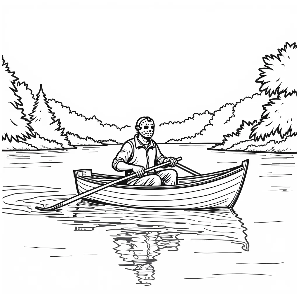 Friday the 13th Jason rowing a boat on a lake صفحات التلوين
