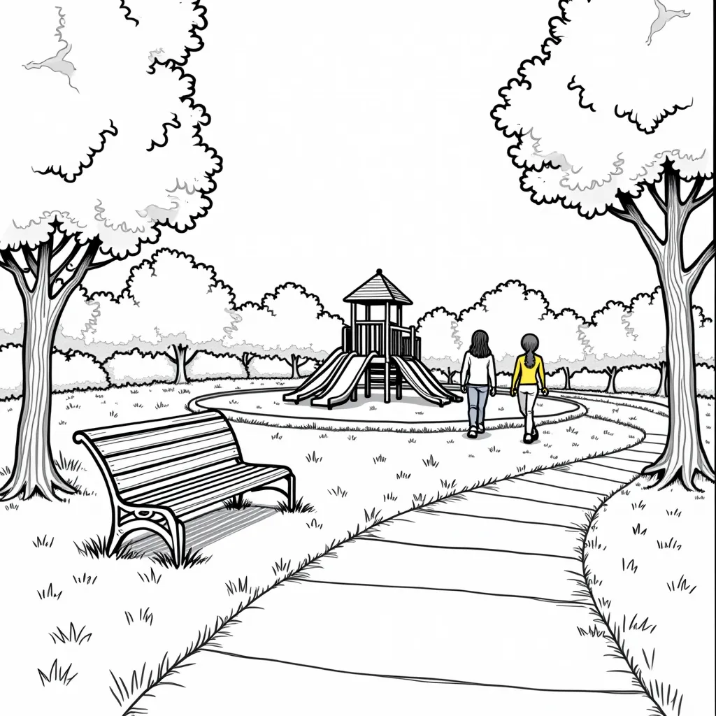 park with benchessidewalk and playground with 2 teens walking around صفحات التلوين