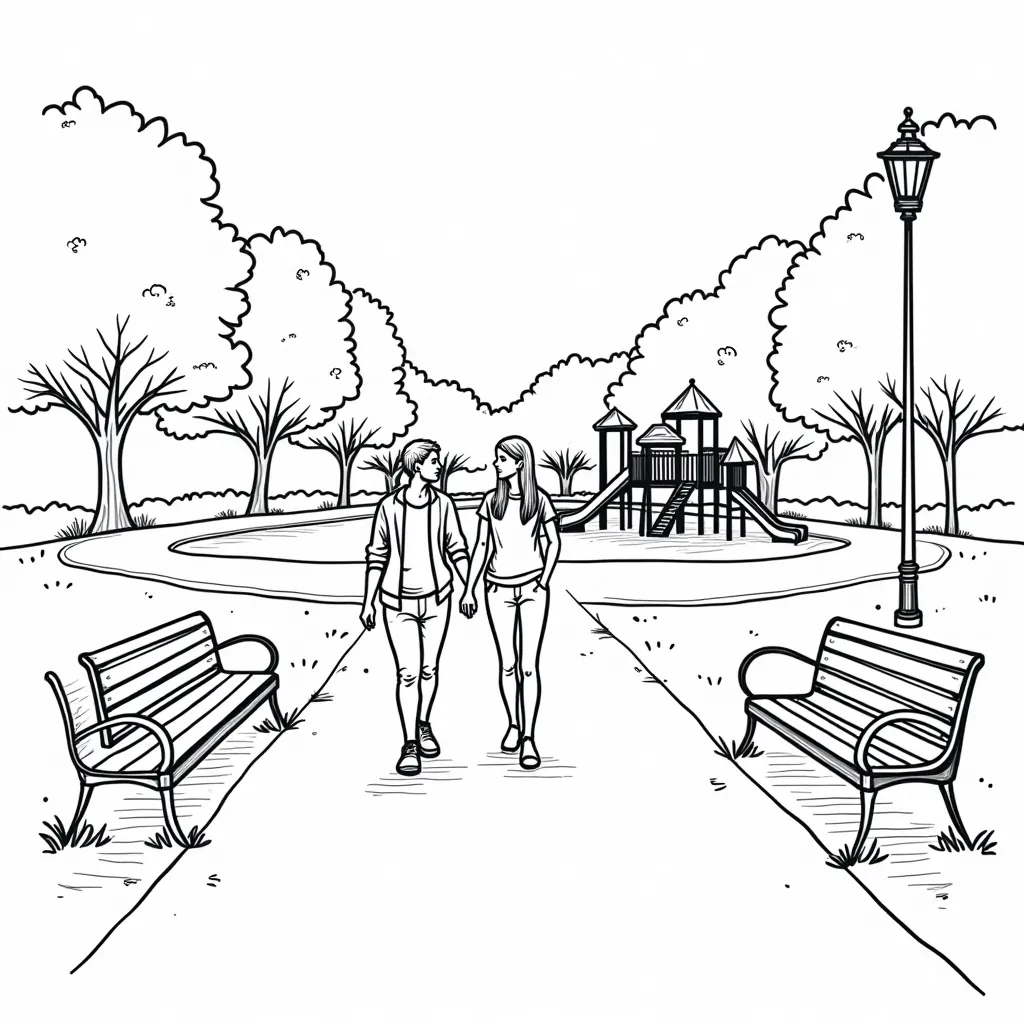 park with benchessidewalk and playground with 2 teens walking around صفحات التلوين