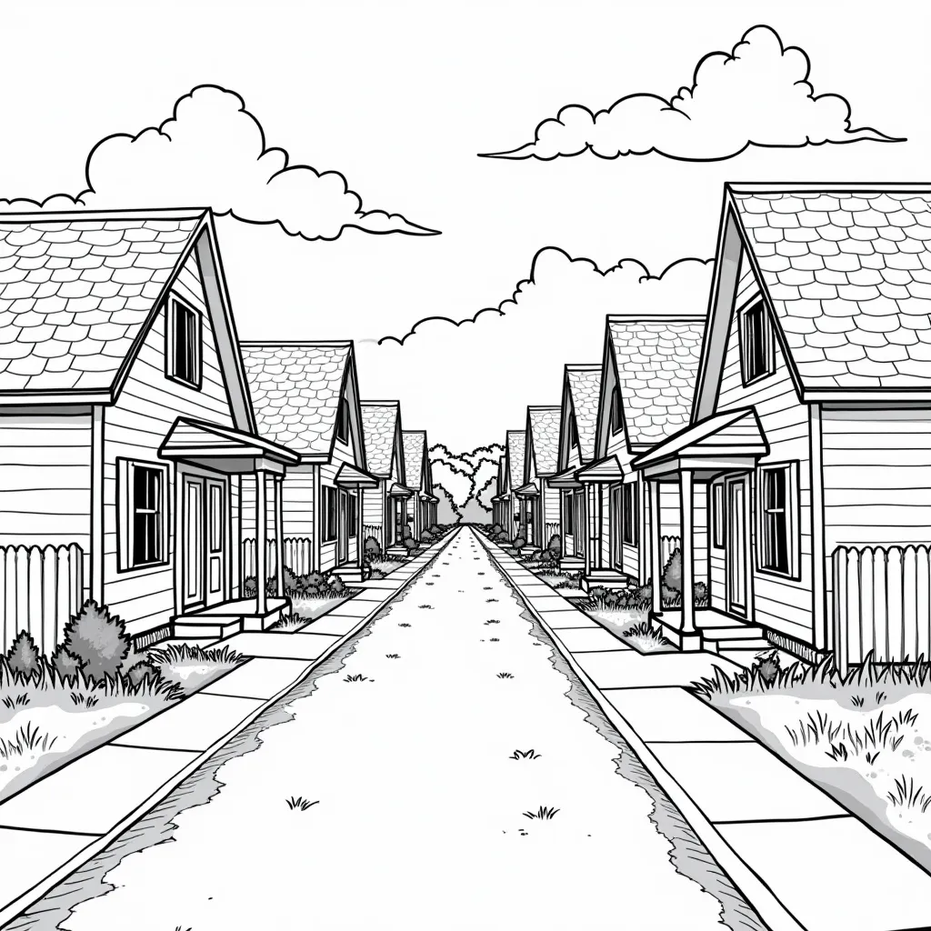 street with small houses with front yards with flower beds صفحات التلوين