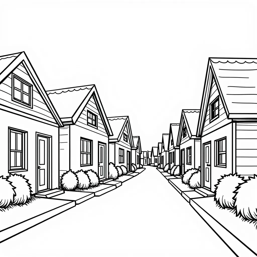 street with small houses with front yards with flower beds صفحات التلوين