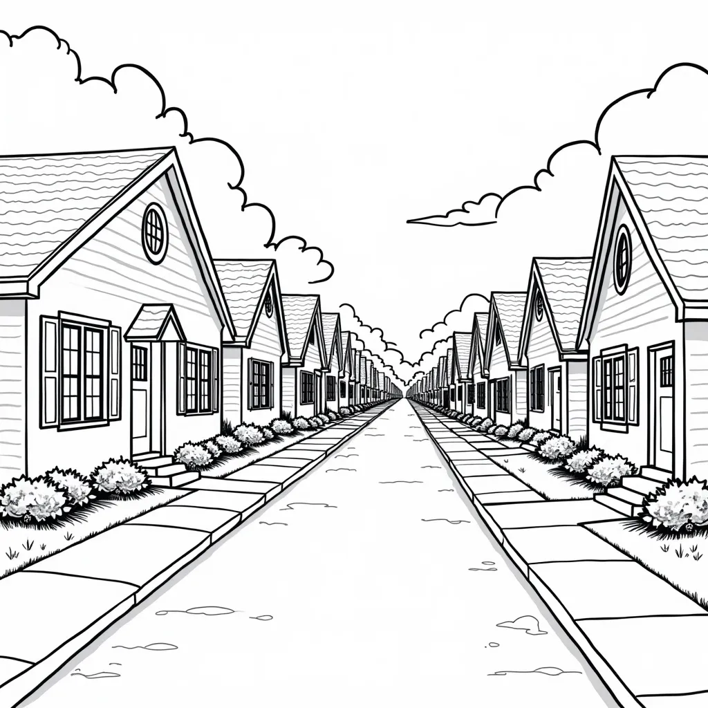 street with small houses with driveways and front yards with flower beds صفحات التلوين