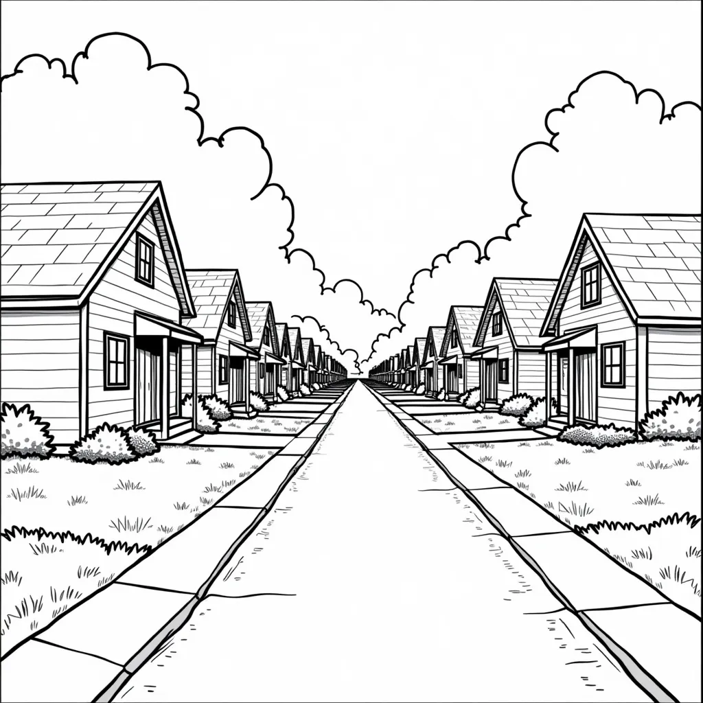 street with small houses with driveways and front yards with flower beds صفحات التلوين