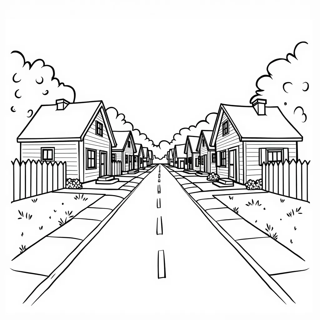 street with small houses with driveways and front yards with flower beds صفحات التلوين