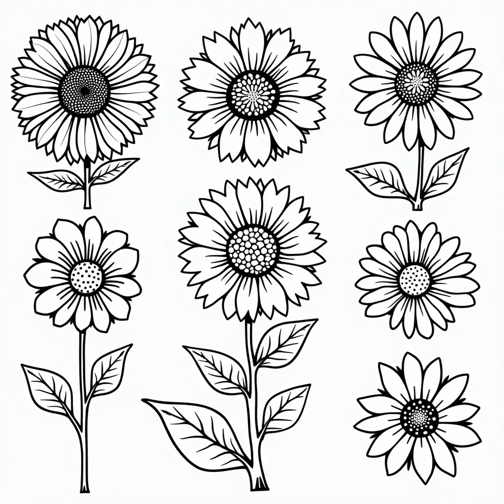 A set of flower stencil patterns with outlines of sunflowers roses and daisies صفحات التلوين
