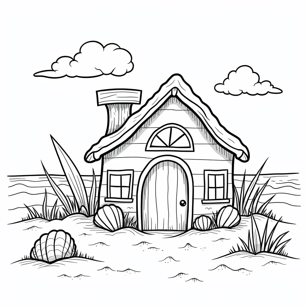 Whimsical seashell house resting on a sandy beach صفحات التلوين