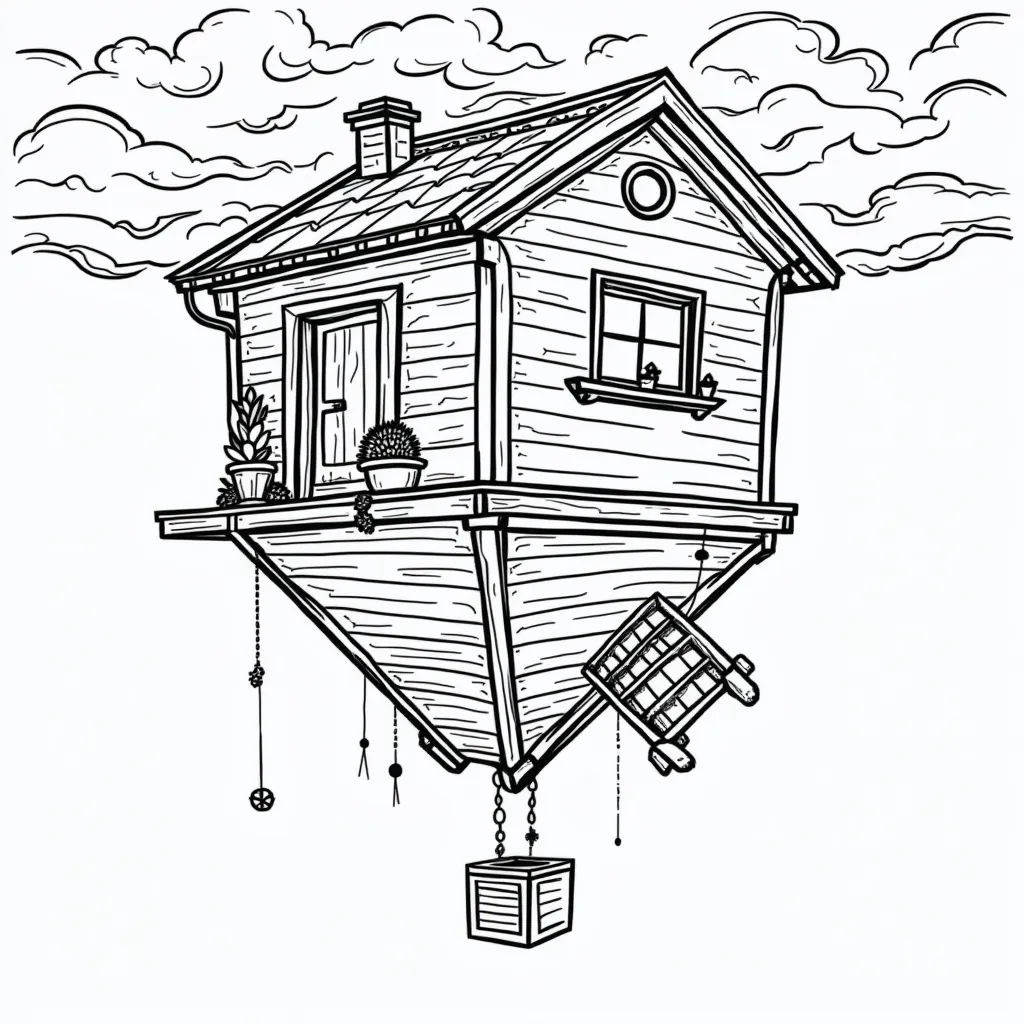 Whimsical upsidedown house with furniture hanging from the ceiling صفحات التلوين