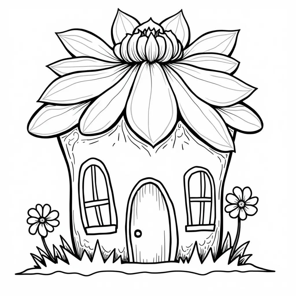 Whimsical giant flower house with petals as a roof صفحات التلوين