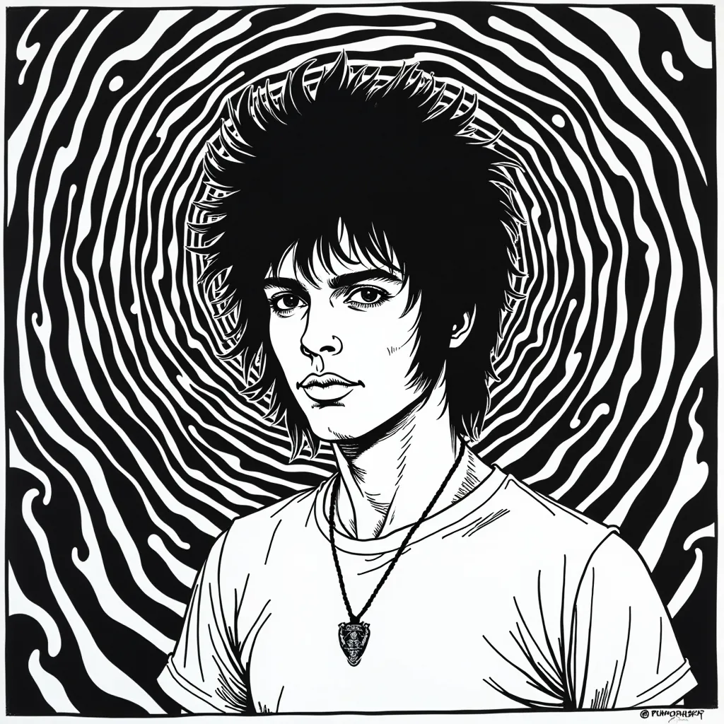 ملصق الإضاءة السوداء السايكديلية من السبعينيات مع فن البوب السريالي لجوي ديفيجن 'Unknown Pleasures' ترافولتا