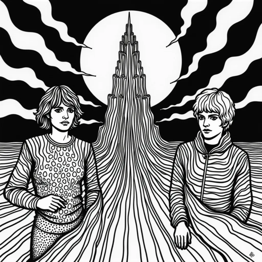 ملصق الضوء الأسود السيكادلي من السبعينات مع فن البوب السريالي لجوي ديفيجن 'Unknown Pleasures Warriors'