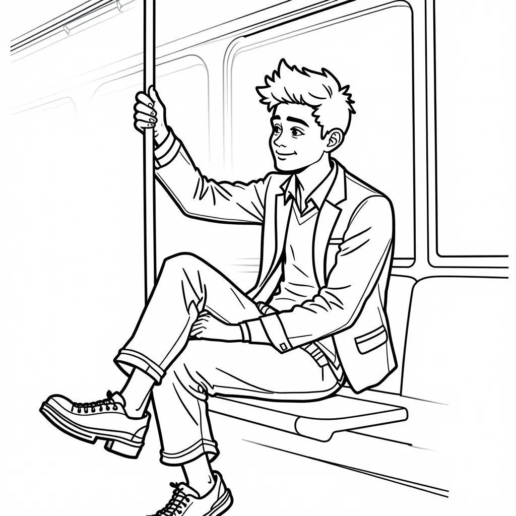 teen guy wearing a suitjacket and dress pants riding on a public transit bus صفحات التلوين