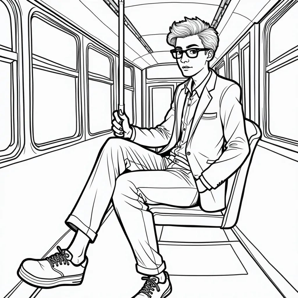 teen guy wearing a suitjacket and dress pants riding on a public transit bus صفحات التلوين