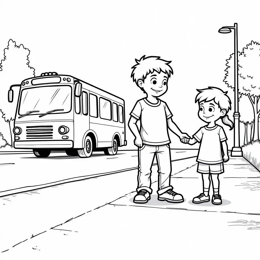 2 10 year old children standing on the sidewalk and there is a bus on the road near them صفحات التلوين