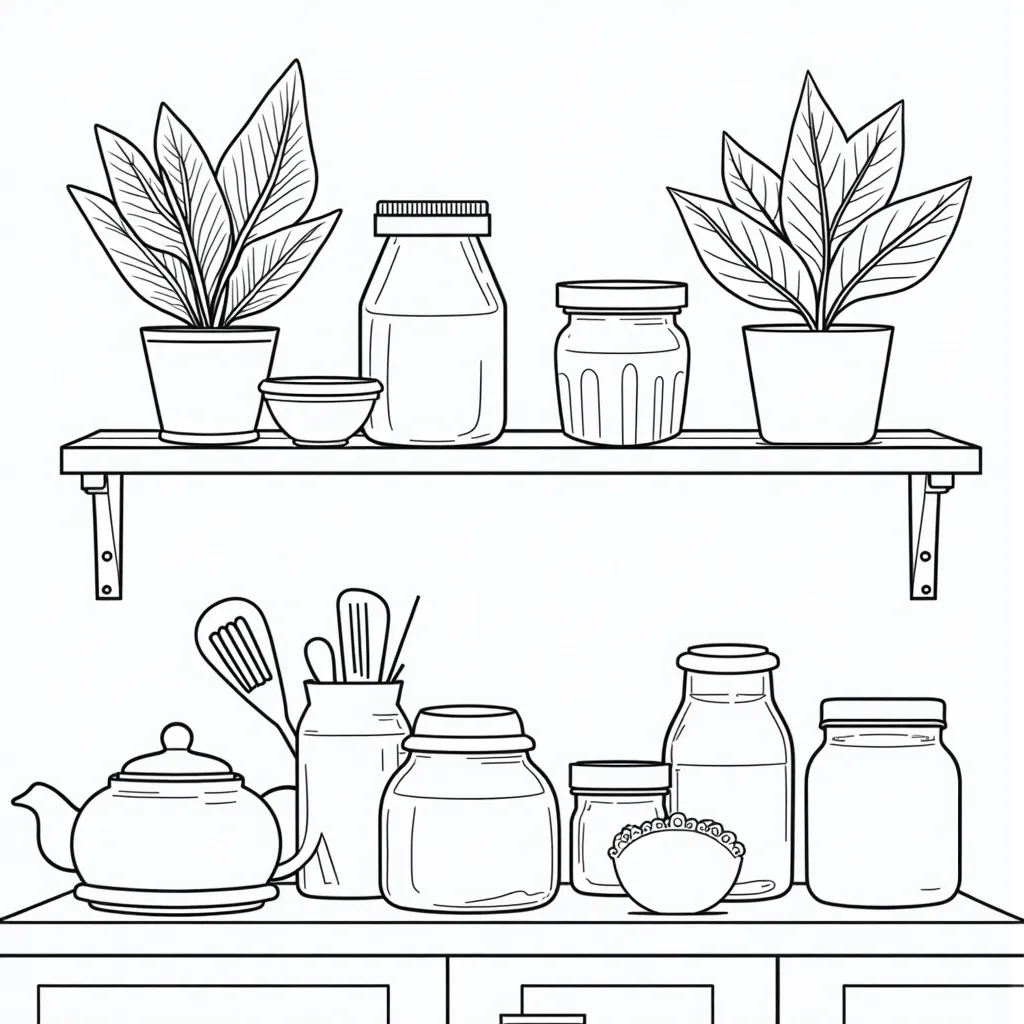 kitchen shelf close up with plants jars jams and other kitchen utensils minimalist صفحات التلوين