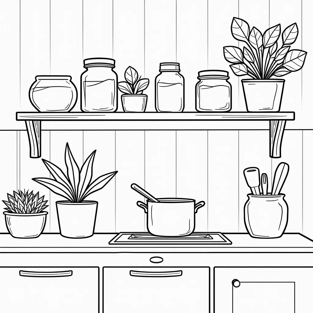kitchen shelf close up with plants jars jams and other kitchen utensils cutesy anime style صفحات التلوين