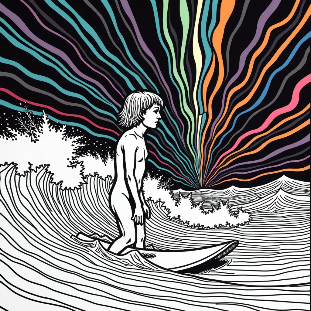 ملصق ضوء أسود سايكدلي من السبعينيات مع فن بوب سريالي لراكب أمواج Joy Division Unknown Pleasures