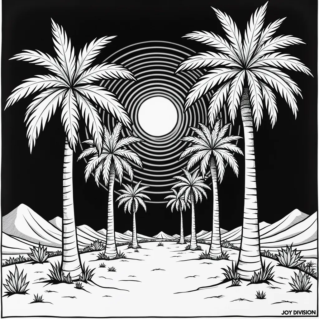 ملصق سيكاديليك من السبعينيات مع فن بوب سريالي لـ Joy Division Unknown Pleasures وأشجار النخيل