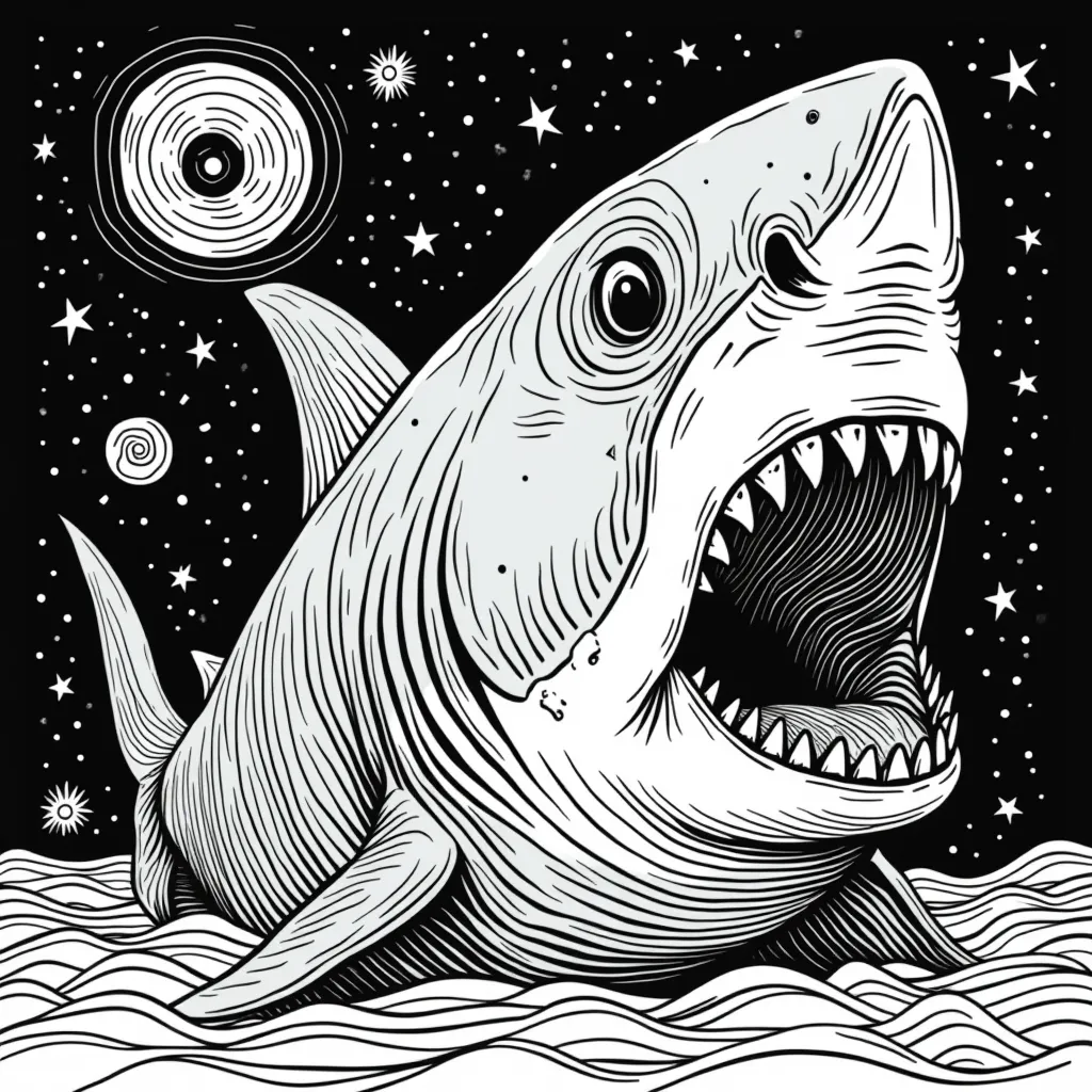 ملصق الضوء الأسود السيكادلي من السبعينيات مع فن البوب السريالي لـ Joy Division Unknown Pleasures shark