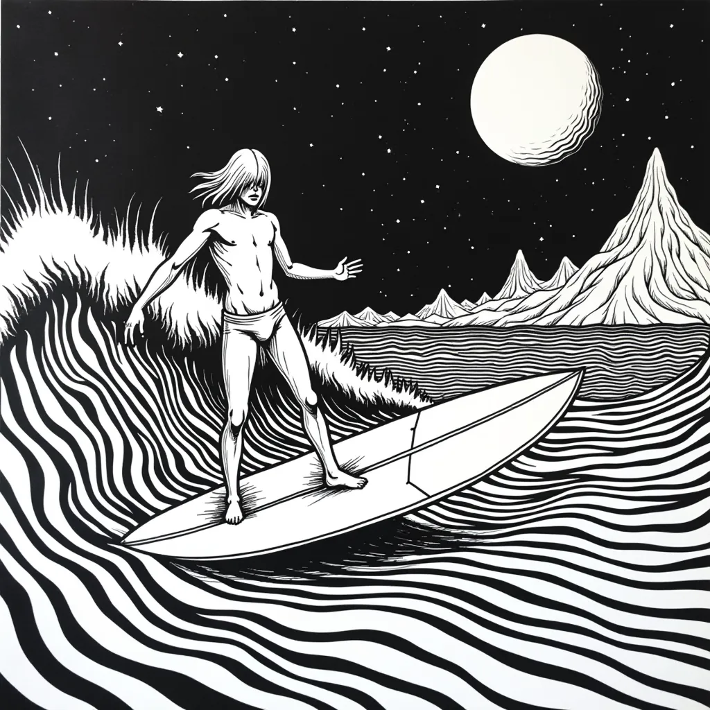 ملصق ضوء أسود سايكدلي من السبعينيات مع فن بوب سريالي لراكب الأمواج من Joy Division Unknown Pleasures