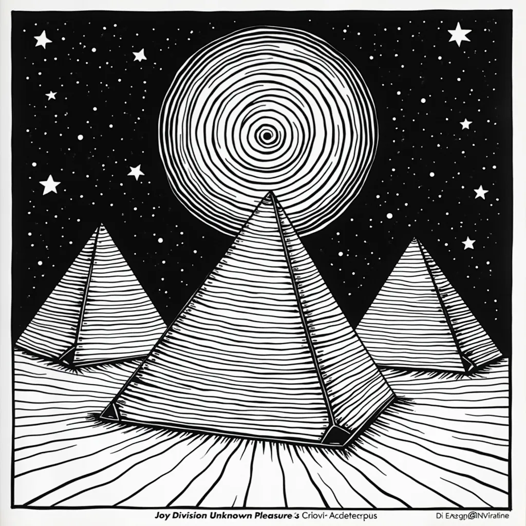 ملصق سيكاديلك بضوء أسود من السبعينيات مع فن البوب لجوي ديفيجن Unknown Pleasures 3 أهرامات