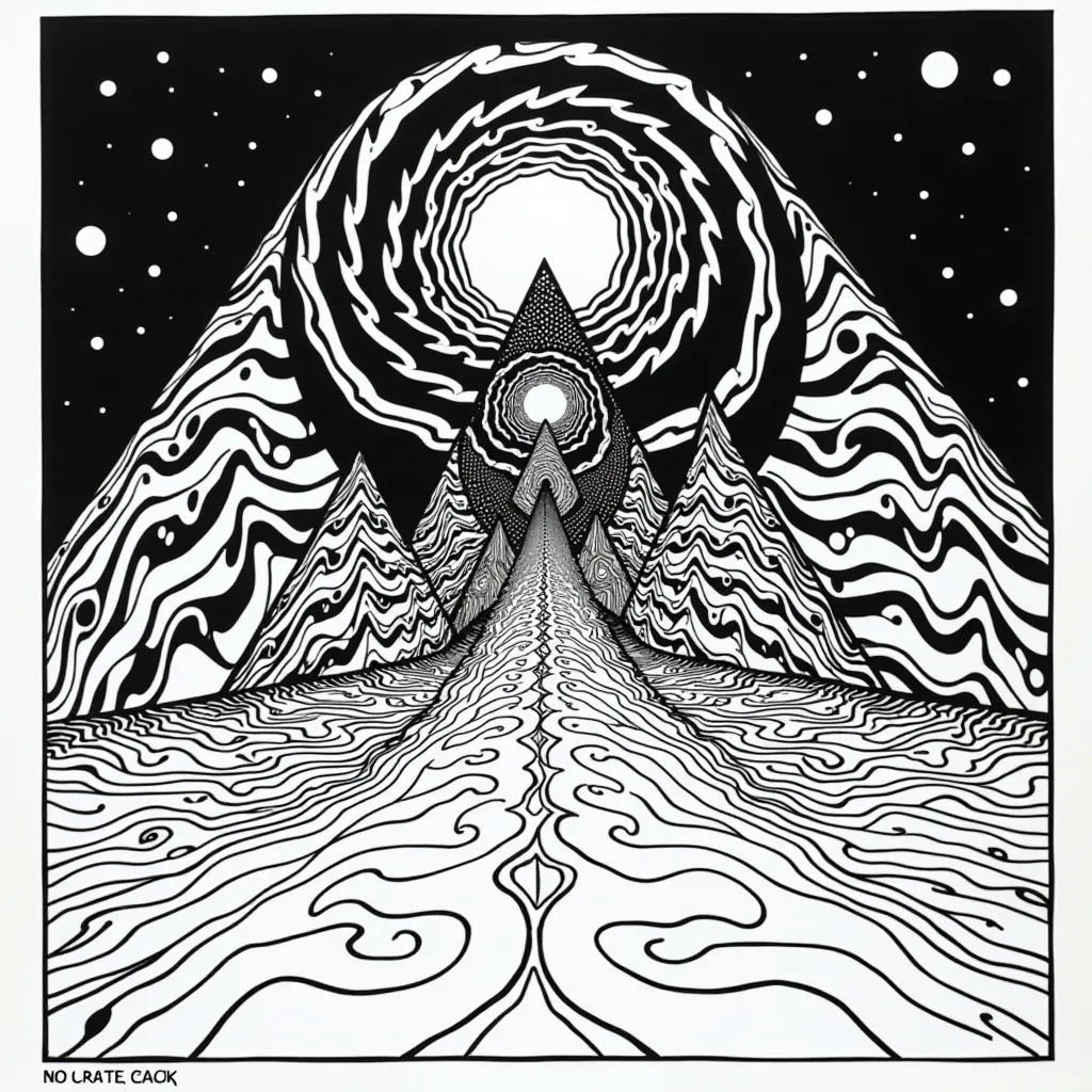 ملصق سيكاديلك ضوء أسود من السبعينيات مع فن سريالي لأهرامات دوامة Joy Division Unknown Pleasures
