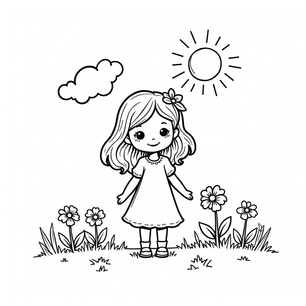 petite fille souriante cueille fleur qu'elle met dans son panier dans prairie sous soleil et nuage صفحات التلوين