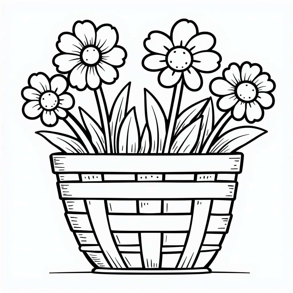 panier avec 4 fleurs simples à colorier صفحات التلوين