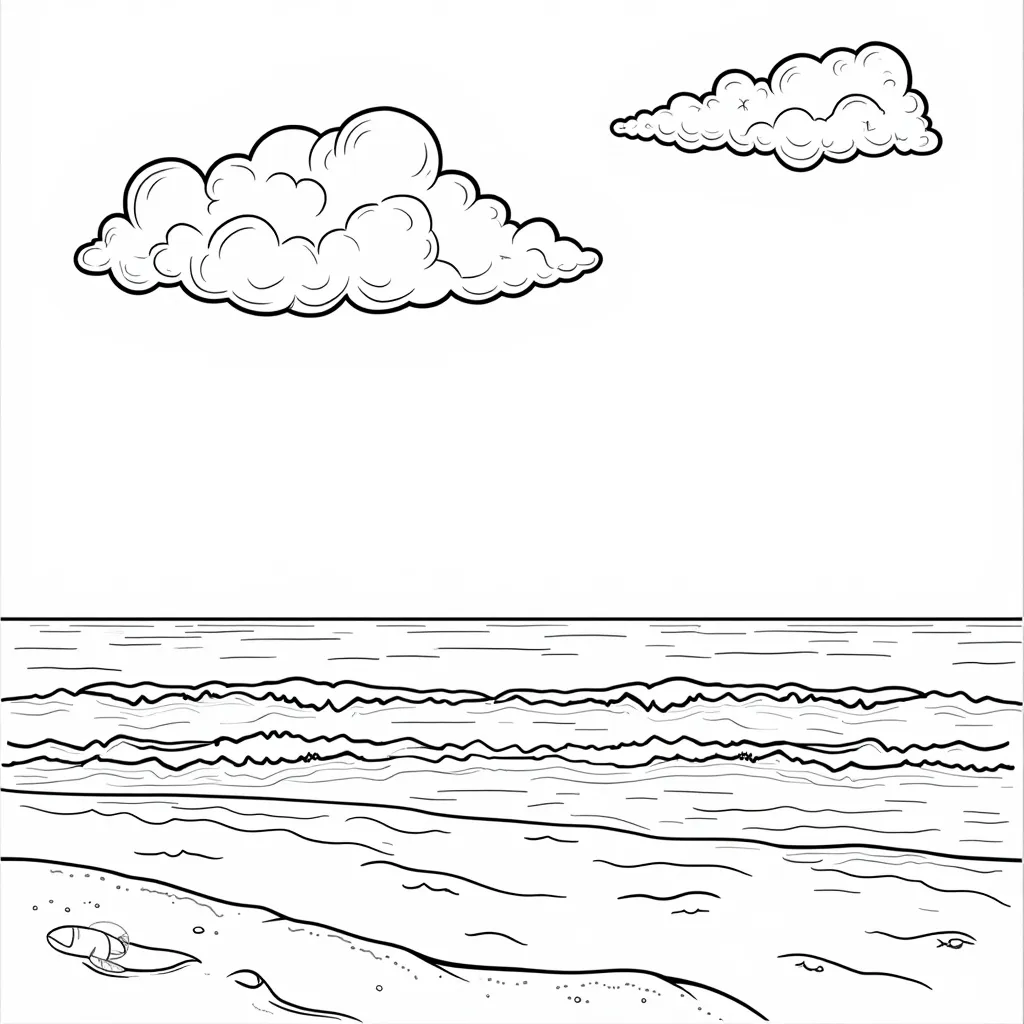  beach scene in high season the sky is a brilliant blue dotted with fluffy clouds  Páginas para Colorear