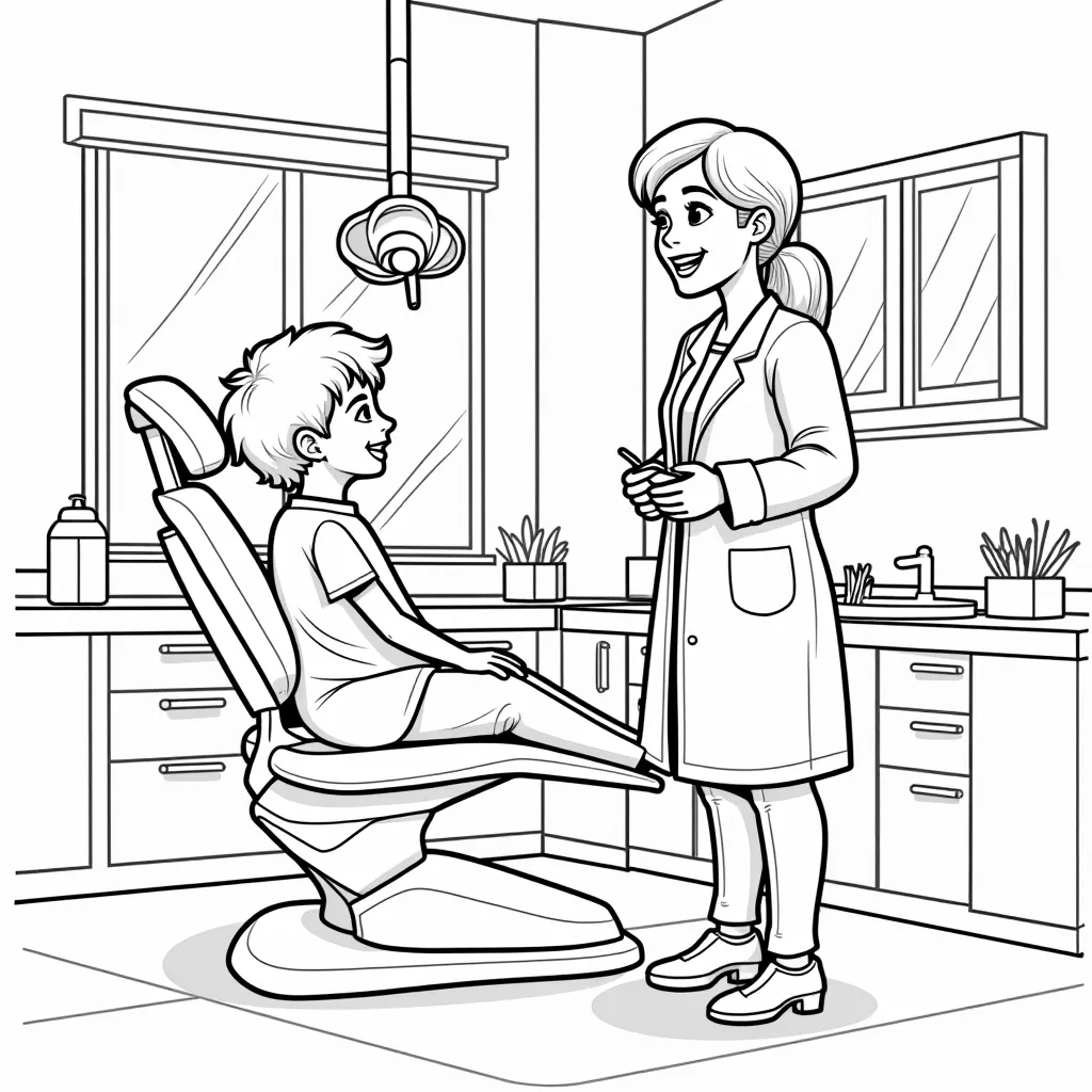 Dentist office and a dentist woman with a boy patient that is on the chair is صفحات التلوين