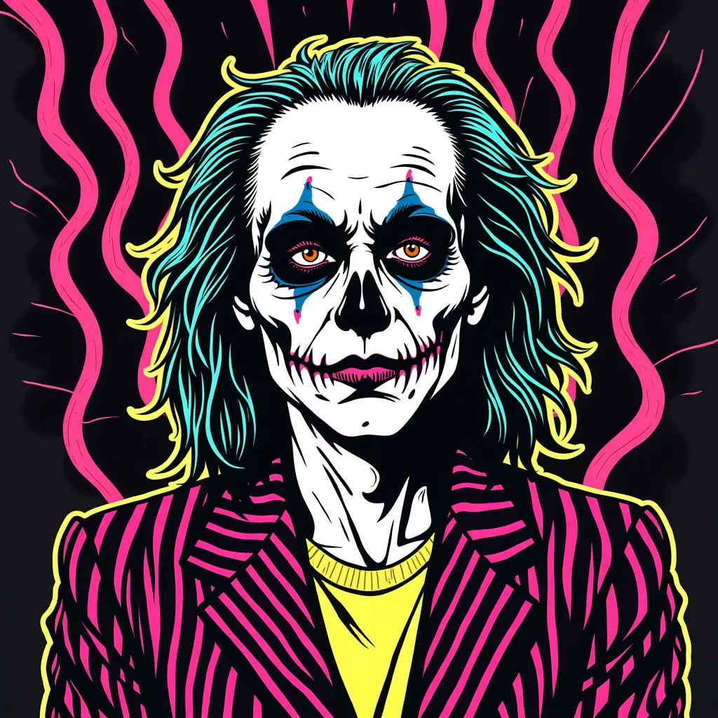 ملصق الضوء الأسود السيكاديلية من السبعينات مع وجه Beetlejuice، جمالية سيكاديلية، ألوان فلورية جريئة