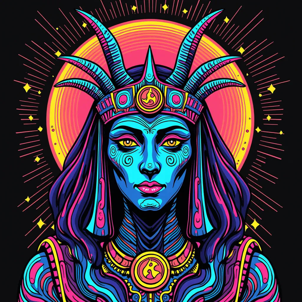 ملصق ضوء أسود سايكدلي من السبعينيات مع وجه Nyarlathotep، جمالية نفسية، ألوان فلورية جريئة