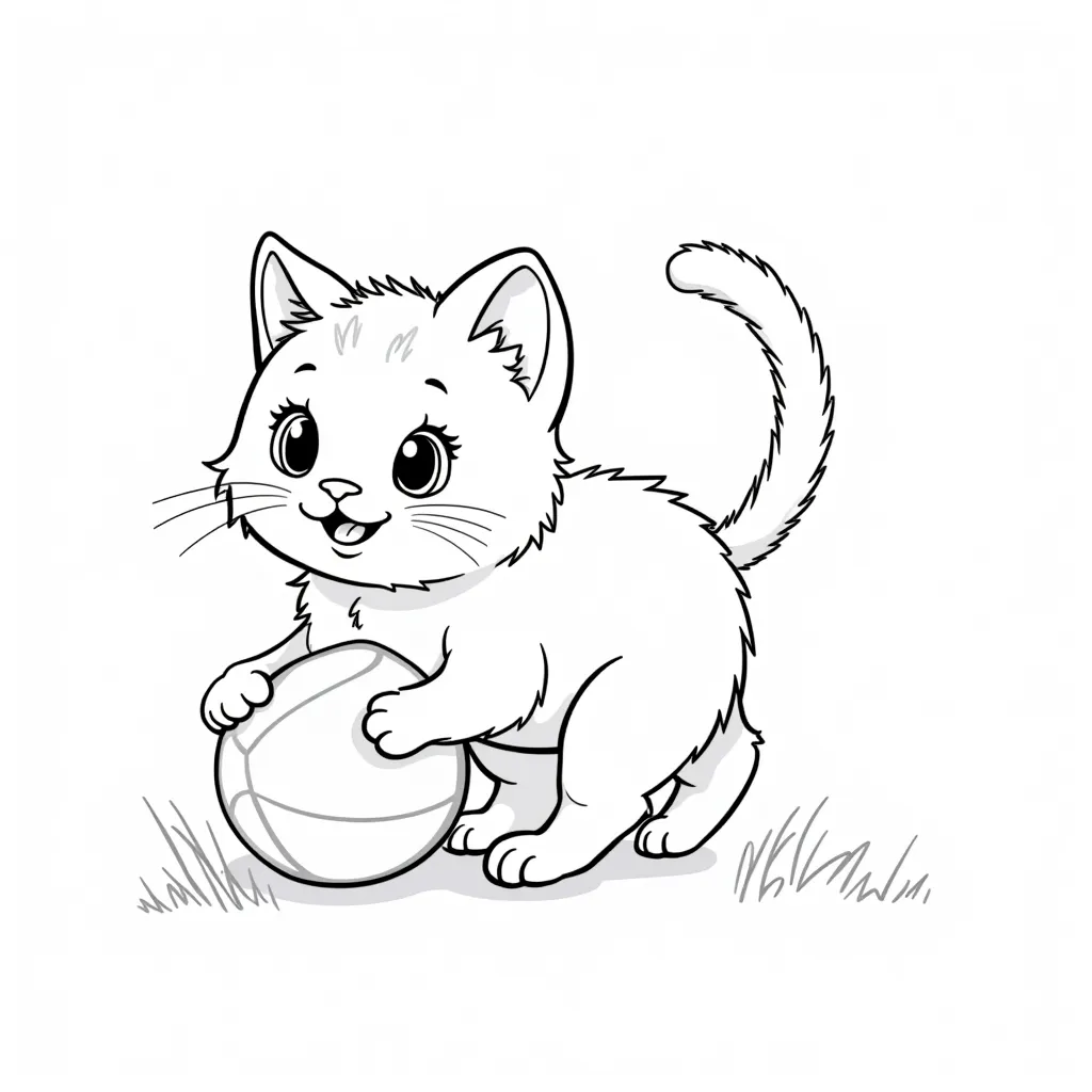 small cat playing with ball coloring pages