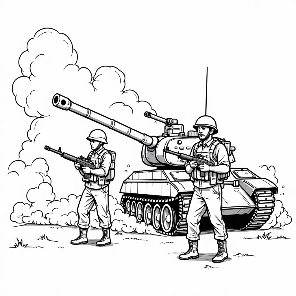 two soldiers with guns and a tank in the war and a lot of smoke صفحات التلوين