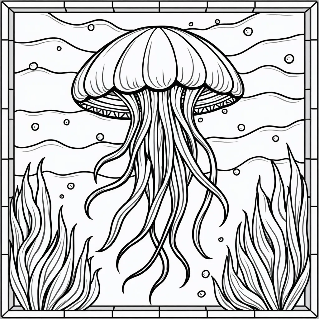 Square stained glass window of a jellyfish floating in an underwater scene with wavy currents صفحات التلوين