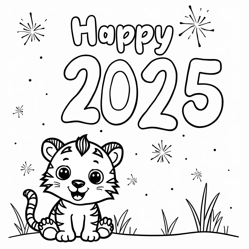 a cute tiger saying happy new year 2025 coloring pages