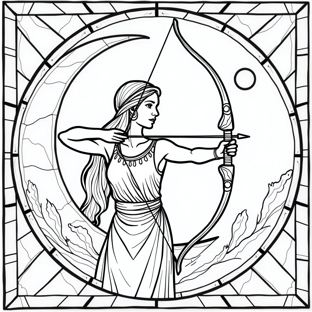 Square stained glass window of Artemis drawing her bow framed by a glowing crescent moon صفحات التلوين
