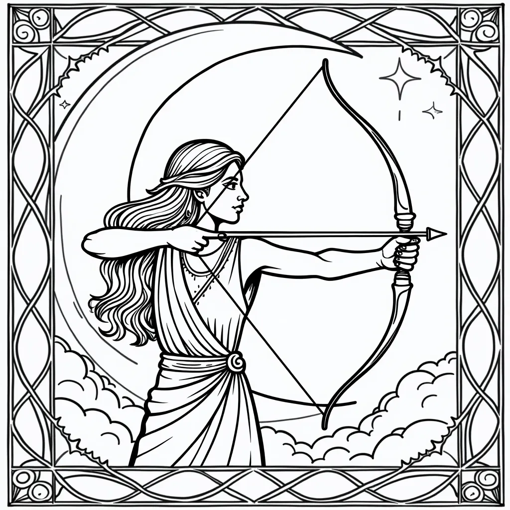 Square stained glass window of Artemis drawing her bow framed by a glowing crescent moon صفحات التلوين