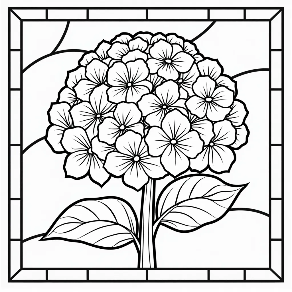Square stained glass window of a hydrangea cluster with soft rounded petal shapes صفحات التلوين