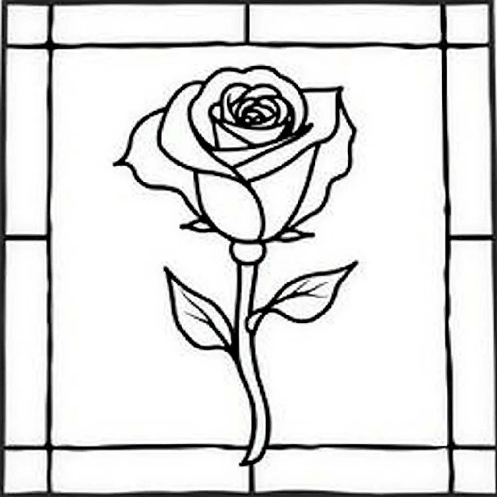 Square stained glass window of a single rose with bold petals and smooth leaves in a simple frame صفحات التلوين