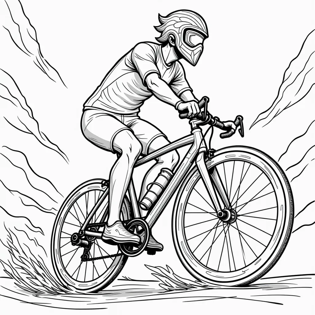 Bronze masked cyclist rides geometric bike through floating jadesun wheels صفحات التلوين