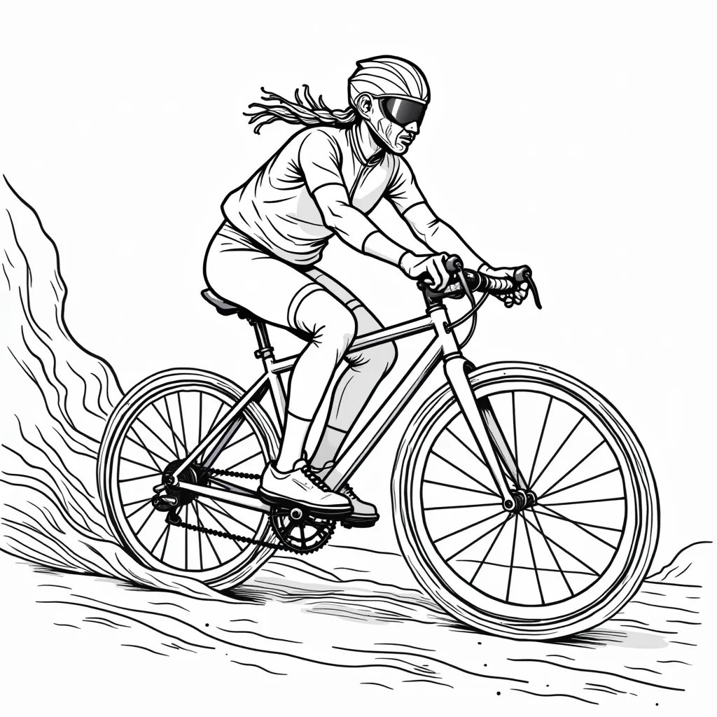 Bronze masked cyclist rides geometric bike through floating jadesun wheels صفحات التلوين