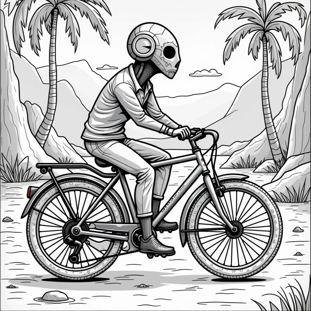 "Surreal fusion of bronze masks geometric bicycles ancientmechanical dreamscape neonlit relics" صفحات التلوين
