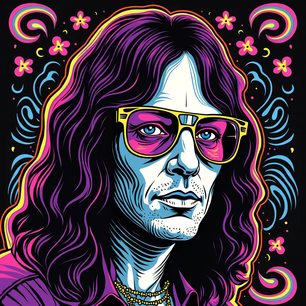 ملصق ضوء أسود سيكادلي من السبعينيات مع وجه Ace Frehley، جمالية سيكادلية، ألوان فلورية جريئة