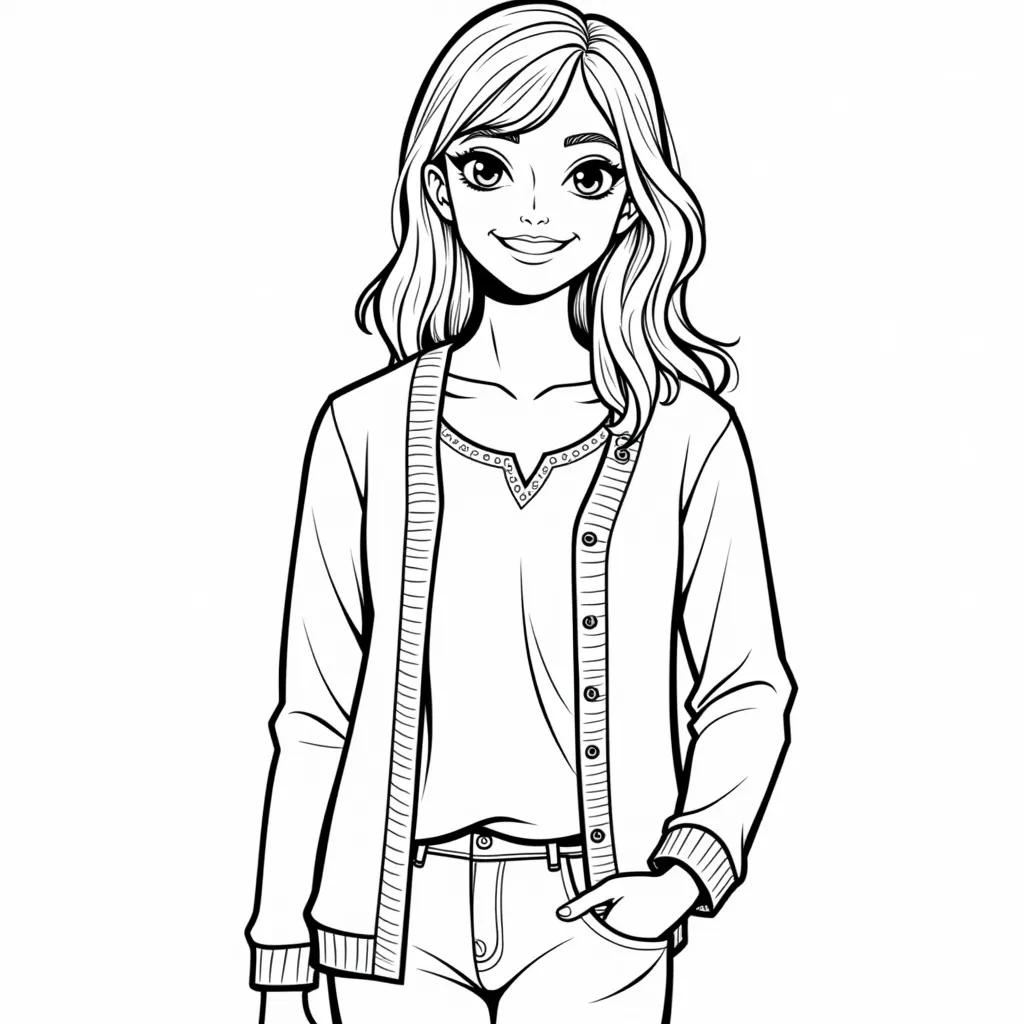 رسم لامرأة ترتدي كارديجان وبلوزة