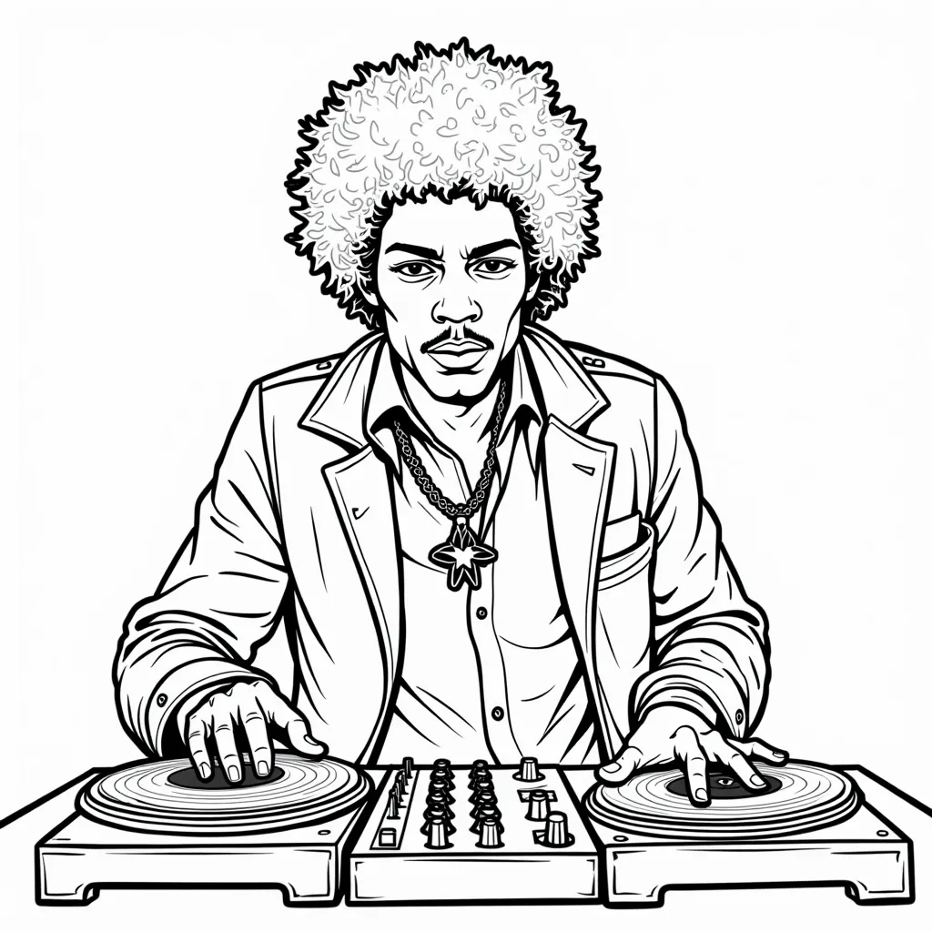 Jimi Hendrix dj with mixer and vinyl records صفحات التلوين