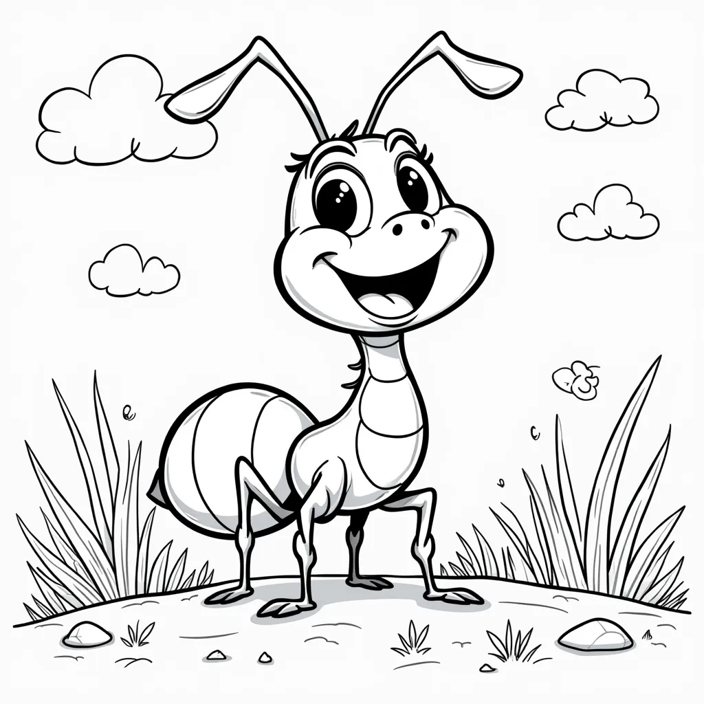 Please generate black and white kids coloring page with ant in cartoon style  coloring pages