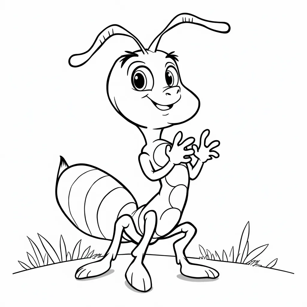 Please generate black and white kids coloring page with ant in cartoon style  coloring pages